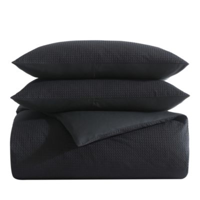 Vera Wang - Waffle Pique Black Cotton Duvet Cover Set, Queen