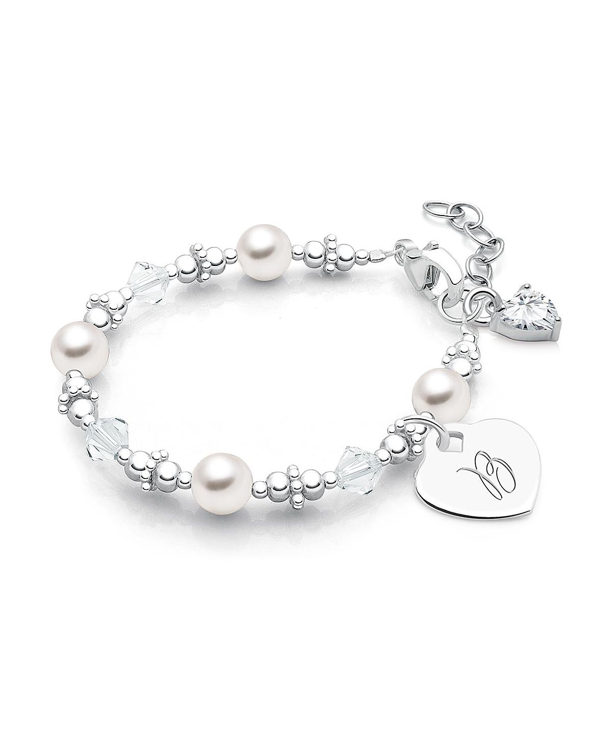 Tiny Blessings Girls Sterling Silver Crystals & Cultured Pearls & Initial 5.25" Bracelet - Children