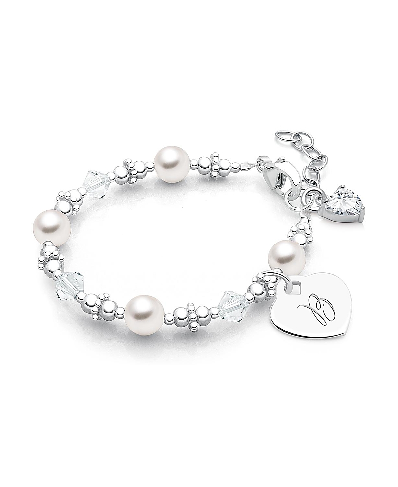 Tiny Blessings Girls Sterling Silver Crystals & Cultured Pearls & Initial 5.25 Bracelet - Children In Silver - B