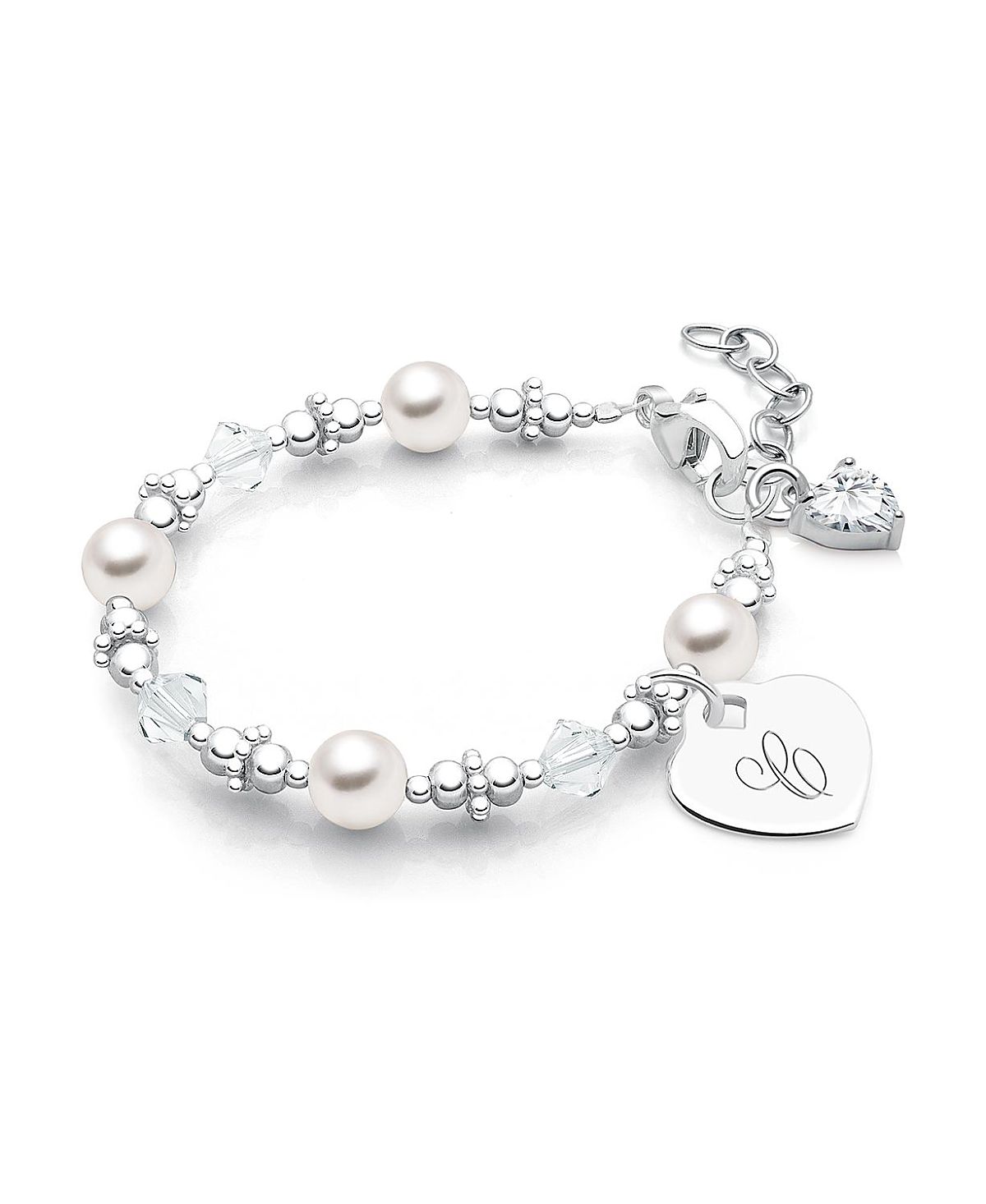 Tiny Blessings Girls Sterling Silver Crystals & Cultured Pearls & Initial 5.25" Bracelet - Children