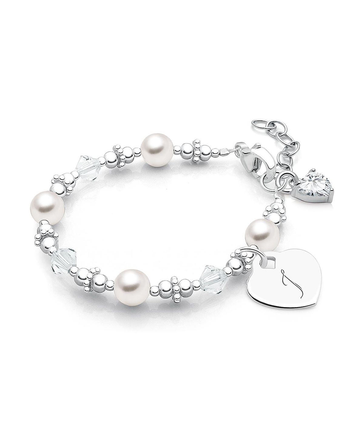 Tiny Blessings Girls Sterling Silver Crystals & Cultured Pearls & Initial 5.25" Bracelet - Children