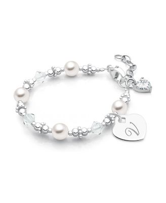 Tiny Blessings Girls' Sterling Silver Crystals & Cultured Pearls & Initial 5.25 Bracelet - Baby, Little Kid