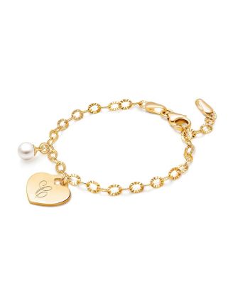  Girls 14K Gold Classic Charm Bracelet & Engraved Initial 6.25" Bracelet - Children
