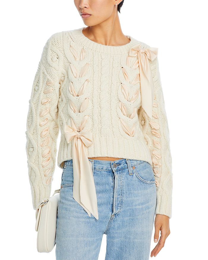 LoveShackFancy Parson Ribbon Trim Cable Knit Sweater | Bloomingdale's