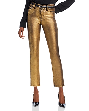 Shop Frame Le High Straight Leg Cropped Jeans In Gold Chrome