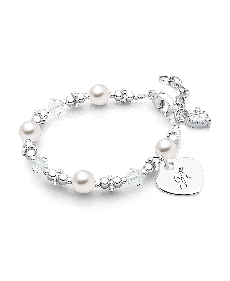 Tiny Blessings Girls Sterling Silver Crystals & Cultured Pearls & Initial 5.25" Bracelet - Children