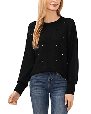 Cece Women's Rhinestone Embellished Crewneck Sweater In Rich Black