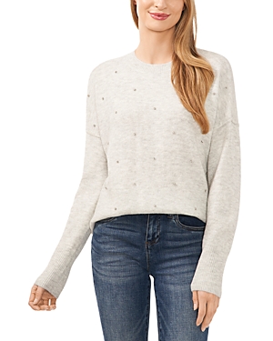 Cece Rhinestone Embellished Crewneck Sweater In Silver Heather