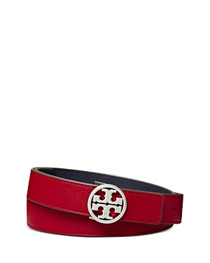 Shop Tory Burch Reversible Leather Logo Belt In Red/blue/silver