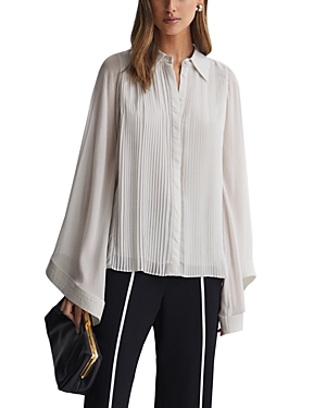 Reiss Pale Blue Pleated Flared Sleeve Blouse In Pale Blue