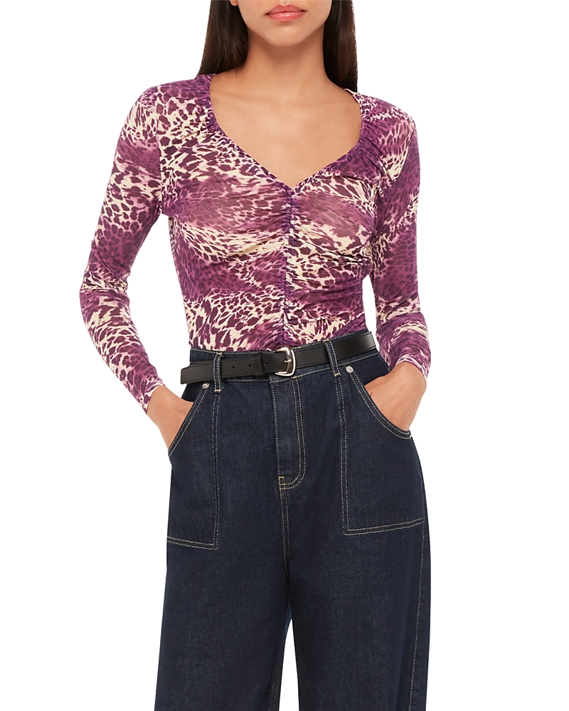 Whistles Sahara Ruched-front Leopard-print Stretch Recycled-polyester Top In Pink/multi