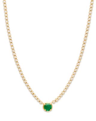 Emerald &amp; Diamond Station Tennis Necklace in 14K Yellow Gold, 16.5&amp;quot;