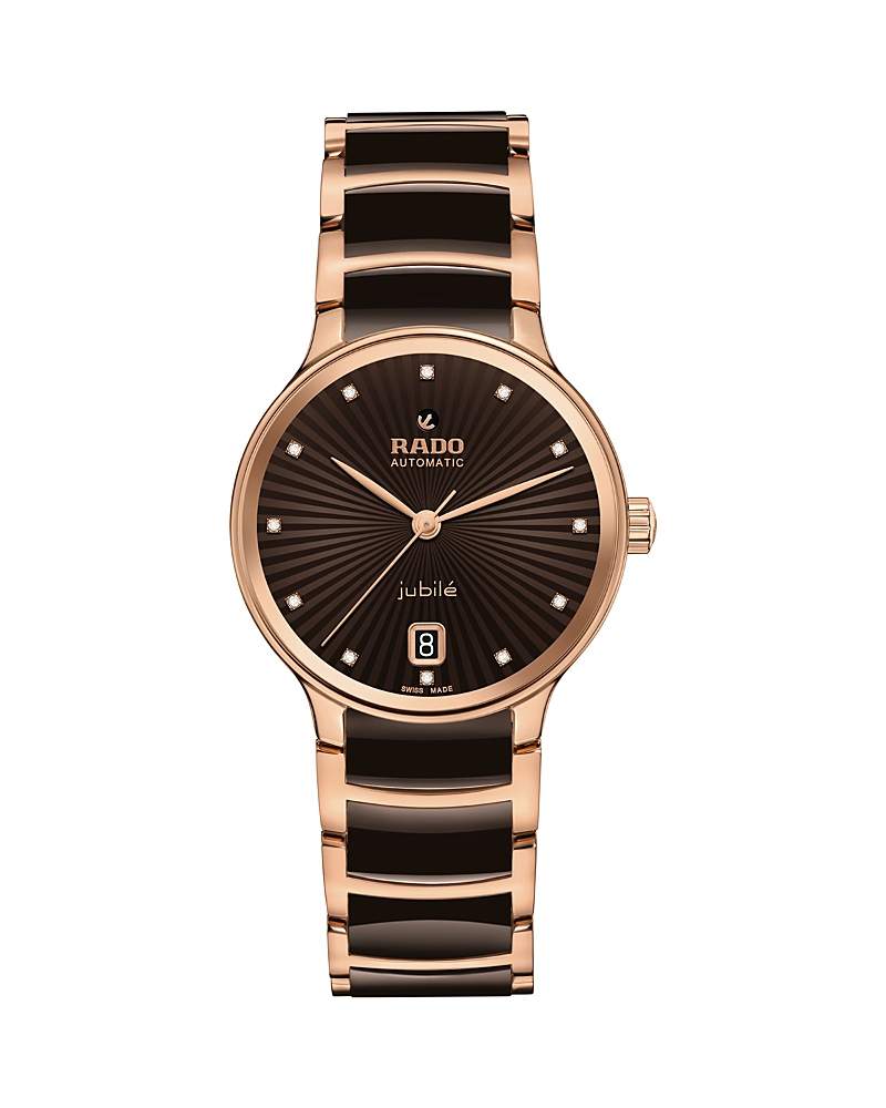 Rado Women's Swiss Automatic Centrix Diamond Accent Brown Ceramic & Rose Gold Pvd Stainless Steel Bracele In Black
