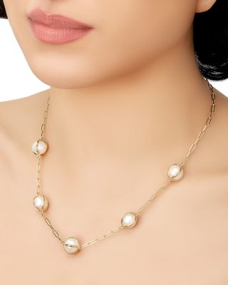 18K Yellow Gold Celeste Cultured Freshwater Pearl Paperclip Link Chain Collar Necklace, 16-18"