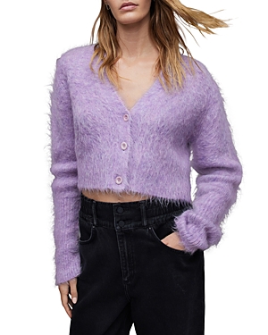 Shop Allsaints Wick Brushed Cropped Cardigan In Lilac Haze