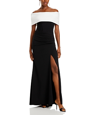 AQUA SCUBA CREPE OFF THE SHOULDER CORSET GOWN