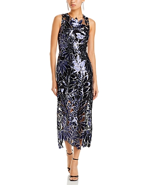 Shop Milly Kinsley Floral Sequin Dress In Navy/silver