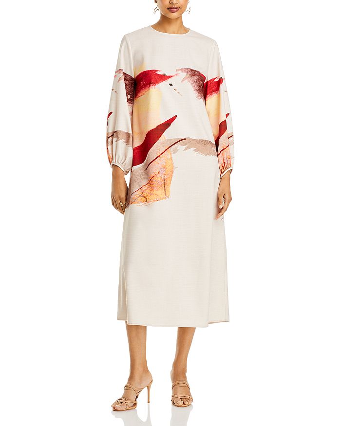 Printed Smocked Tie Neck Balloon Sleeve Maxi Dress