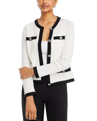 Misook - Eyelet Knit Contrast Trim Jacket