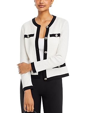 Shop Misook Eyelet Knit Contrast Trim Jacket In Black/white