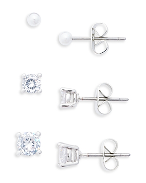 Aqua Cubic Zirconia & Imitation Pearl Stud Earrings In Silver Tone, Set Of 3 - 100% Exclusive