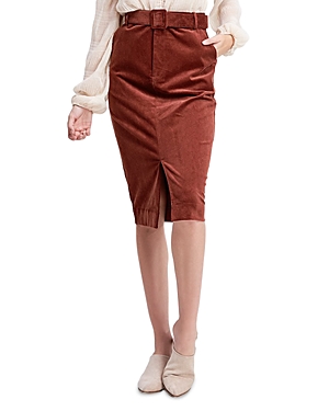 En Saison Belted Corduroy Pencil Skirt In Brown