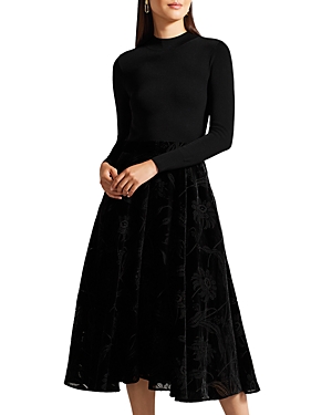 Ted Baker Knit Bodice Velvet Midi Dress In Black