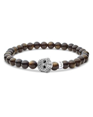 Men's Sterling Silver Anthem Obsidian Bead Skull Stretch Bracelet - Exclusive