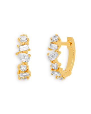 EF Collection - 14K Yellow Gold Multi Faceted Diamond Huggie Hoop Earrings