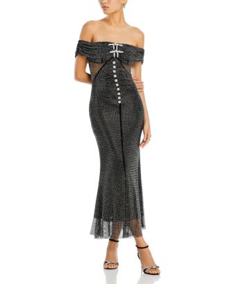 Self-Portrait Rhinestone Embellished Off-the-Shoulder Maxi Dress | Bloomingdale's