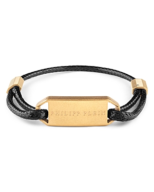 Shop Philipp Plein Plein Tag Gold Tone Cord Bracelet In Gold/black