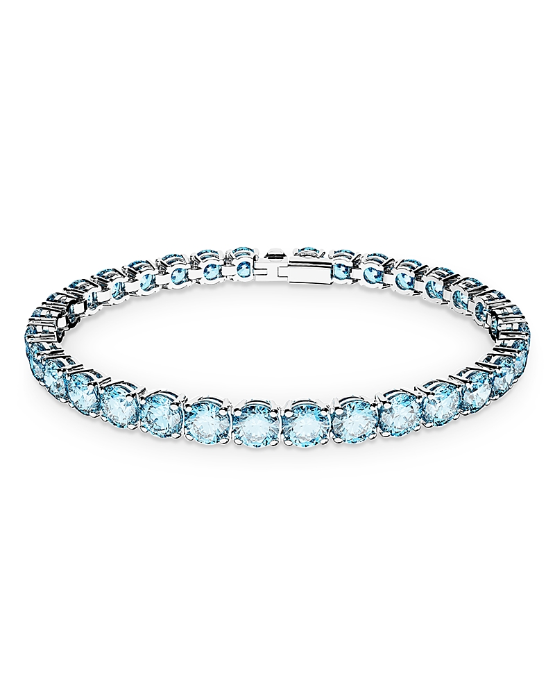 Shop Swarovski Matrix Blue Crystal Small Tennis Bracelet In Rhodium Plated In Blue/silver