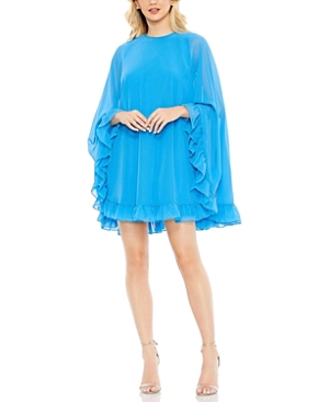 Mac Duggal Ruffle Long Sleeve Chiffon Trapeze Minidress In Turquoise