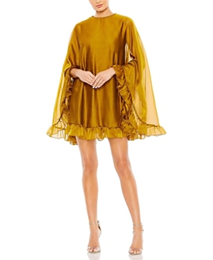 Mac Duggal High Neck Ruffle Hem Cape Mini Dress In Antique Gold