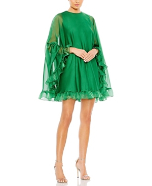 Mac Duggal Ruffle Long Sleeve Chiffon Minidress In Deep Green