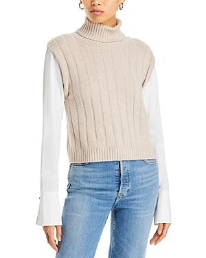 Shop Derek Lam 10 Crosby Paola Mixed Media Turtleneck Sweater In Taupe/white