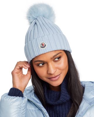 Moncler ribbed on sale wool beanie with fur pompom