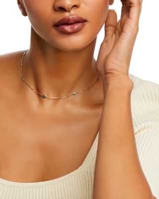 Emerald & Diamond Station Necklace in 14K Yellow Gold, 22"