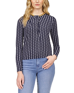 Shop Michael Kors Long Sleeve Chain Neck Top In Midnight Blue