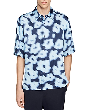 Shop Sandro Oversized Printed Short Sleeve Button Front Shirt In Blue