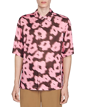 Shop Sandro Oversized Printed Short Sleeve Button Front Shirt In Pink