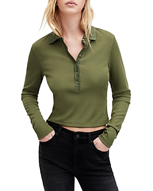 Shop Allsaints Hallie Long Sleeve Polo Top In Grass Green