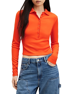 Shop Allsaints Hallie Long Sleeve Polo Top In Zesty Orange