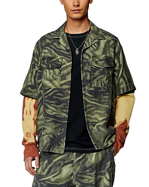 Diesel Sam Printed Button Front Short Sleeve Shirt In Olive Green