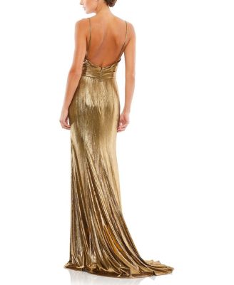 Metallic Faux Wrap Spaghetti Strap Gown