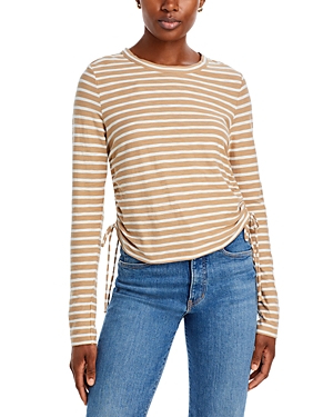 Veronica Beard Travis Striped Ruched Top In Off White/khaki Stripe