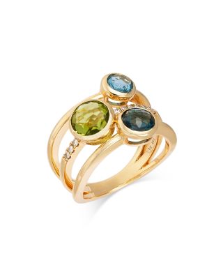 Bloomingdale's Fine Collection Swiss Blue Topaz, London Blue Topaz, Peridot, & Diamond Multi Row Ring in 14K Yellow Gold