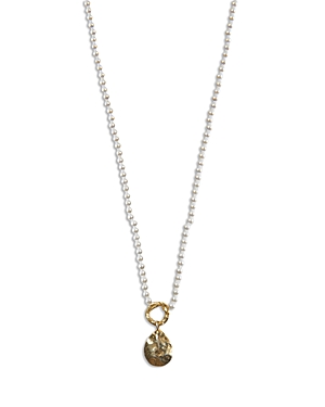Hammered Teardrop Shell Pearl Beaded Pendant Necklace in 18K Gold Plated Sterling Silver, 16-18