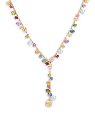18K Yellow Gold Africa Multi Gemstone Bead & Diamond Adjustable Lariat Necklace, 18"