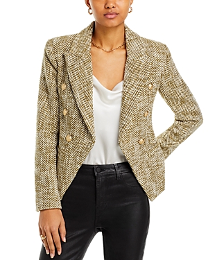 L Agence Marie Herringbone Double-breasted Blazer In Army Ecru